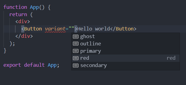 TypeScript intellisense showing a Button with a new red variant
